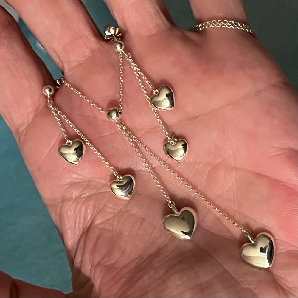 Tiffany & Co. Double Puff Heart Lariat Dangle Pendant Necklace and Earrings